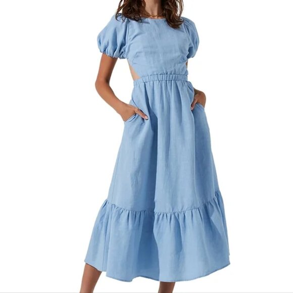 NWT ASTR the Label Light Blue Jelena Puff Sleeve Back Cutout Midi Dress - L - Picture 1 of 6